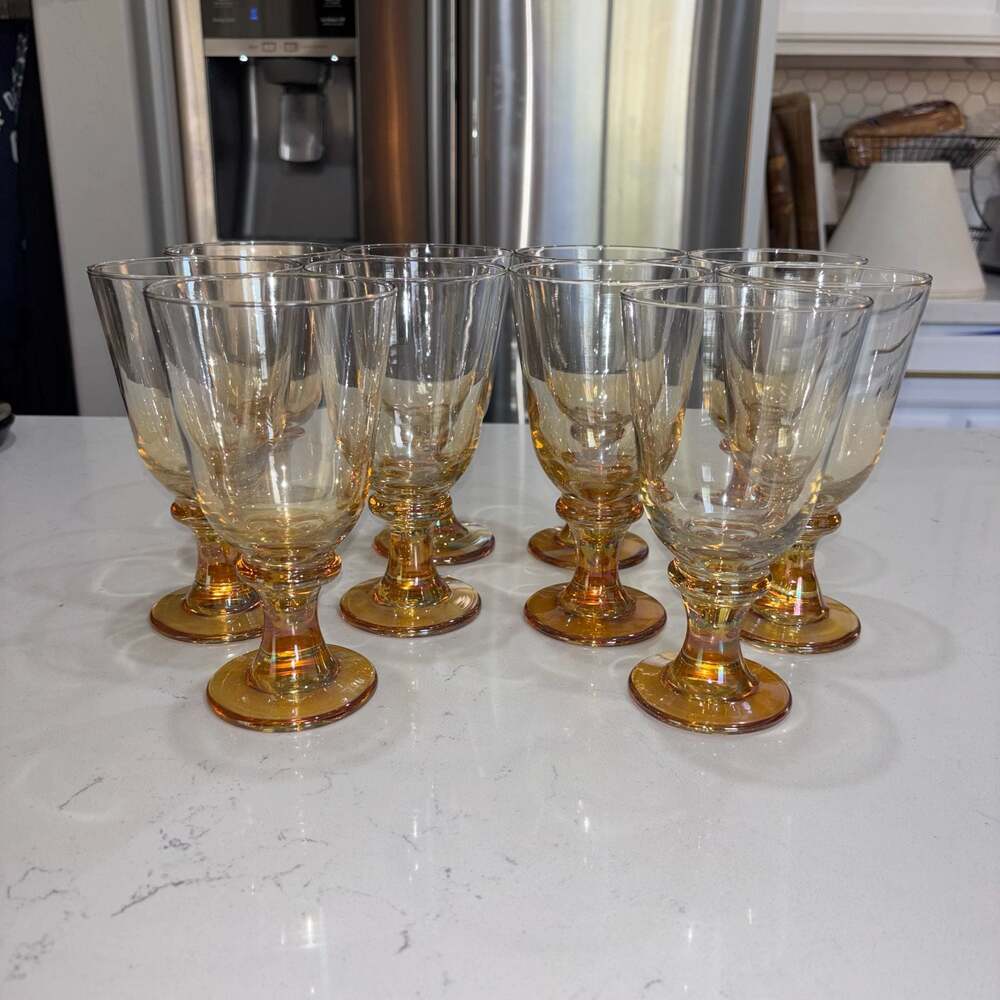 Vintage Libbey Splash Iridescent Amber and Clear Water Goblets Set of 10